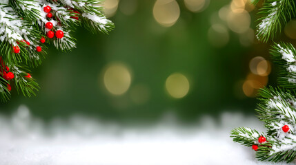 Magical winter wonderland scene with snow covered pine branches adorned with vibrant red berries, softly blurred golden bokeh lights creating a festive holiday atmosphere