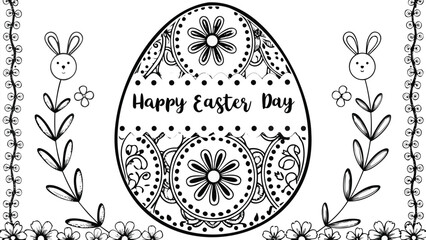 Happy easter day decorative egg with cute bunny illustrations and floral borders a simple black and white line drawing for coloring