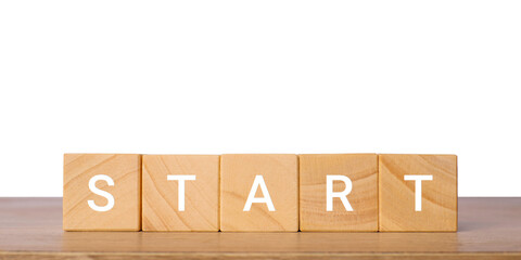 Wooden blocks with word start for beginning and motivation concept, isolated on transparent background