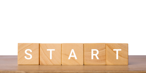 Wooden blocks with word start for beginning and motivation concept, isolated on transparent background