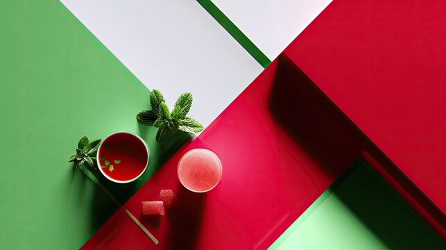 A top-down shot of a refreshing watermelon drink with mint leaves on a colorful geometric background. The image is vibrant and modern. - Powered by Adobe
