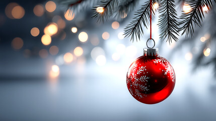 Stunning red Christmas ornament with delicate snowflake pattern hangs from pine branch amidst warm bokeh lights, evoking festive holiday joy and elegant winter celebration.