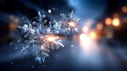 Stunning crystal snowflakes sparkle with ethereal light, creating a magical winter wonderland atmosphere perfect for holiday themes and frosty celebrations.