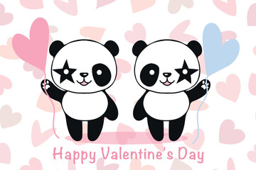 Adorable vector illustration of two pandas holding heart-shaped balloons with a backdrop of hearts and a 