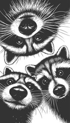 Obraz premium three raccoons peering downward with wide-eyed expressions, ideal for humor or wildlife themes sketch engraving generative ai vector illustration. Scratch board imitation. Black and white image.