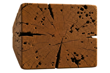 Cube of aged timber showing growth rings and natural cracks isolated on transparent background