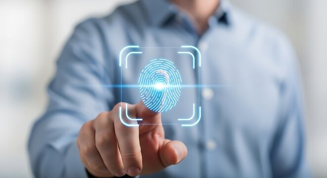 Man touches glowing blue fingerprint scan on transparent interface - Powered by Adobe