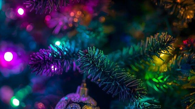Vibrant christmas tree branches with glowing, colorful led string lights and sparkling ornament bokeh for festive holiday season background - Powered by Adobe