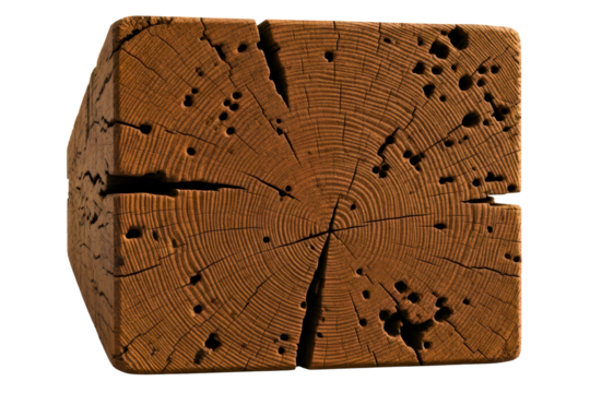 Cube of aged timber showing growth rings and natural cracks isolated on transparent background