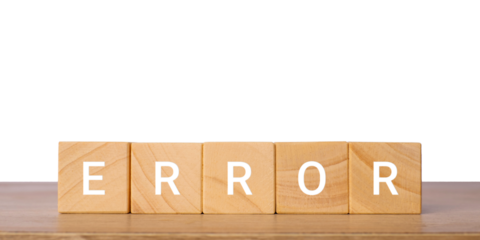 Wooden blocks with word error for warning and problem concept, isolated on transparent background