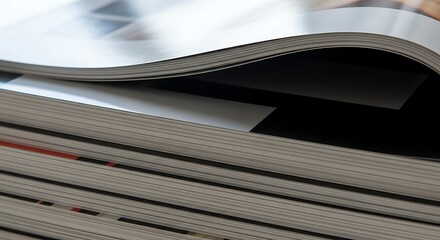 Close up of a stack of open magazines with pages gently curved upwards revealing text and images