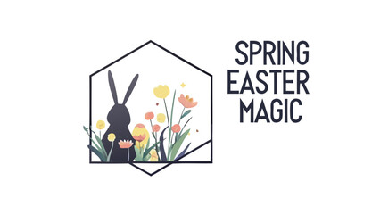 Spring easter magic featuring a silhouette of a rabbit amidst colorful blooming flowers and foliage inside a geometric frame with text