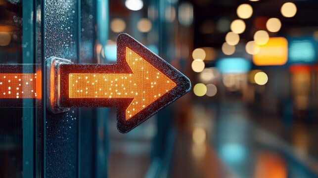 Close-up of a glowing orange arrow pointing right, set against a blurred urban background with bokeh lights, creating a futuristic and directional feel.