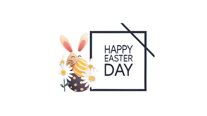 Happy easter day greeting with a cute cartoon bunny holding a decorated egg and surrounded by daisies within a modern frame on a white background