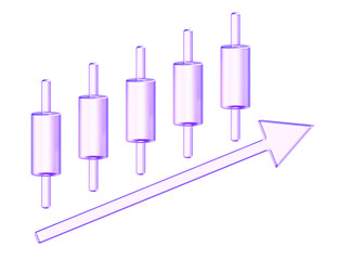 Purple glassmorphism style financial chart with rising candlestick bars and an upward arrow, featuring glossy highlights and smooth transparent lighting suitable for finance and analytics themes.