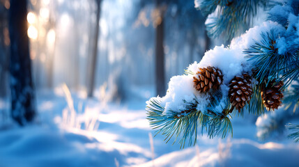 Stunning winter forest scene with snow-covered pine cones and branches kissed by soft, golden sunlight creating a magical, serene atmosphere.