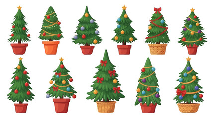 Collection of festive decorated Christmas trees in pots, ready for holiday season