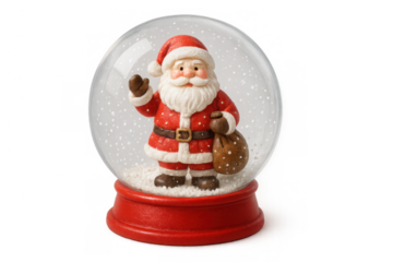 Santa claus figurine inside a snowball with a red base, ready for christmas and winter holidays. Transparent background cutout