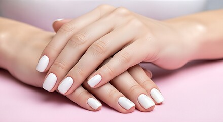 Elegant white manicure on a pink background.