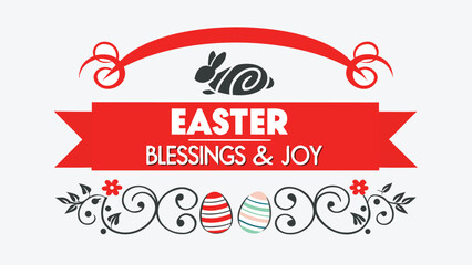 Happy easter graphic with a festive red banner featuring the words easter blessings and joy a silhouette of a bunny and decorative elements like ornate swirls flowers and striped easter eggs