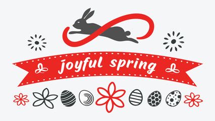 A playful grey bunny jumps over a red ribbon with the words joyful spring in white lettering surrounded by decorative elements like flowers and easter eggs