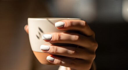 Womans Hand Holding a Ceramic Cup.