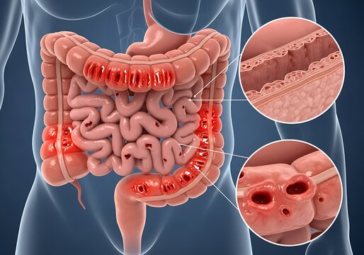 Human Colon with Diverticulitis on a Blue Background
