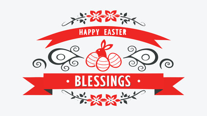 Happy easter blessings with a cute red bunny and decorated eggs surrounded by floral ornaments and decorative swirls on a light gray background