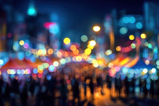 Blurred colorful bokeh lights and abstract crowd at night event background. High quality