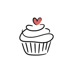 Cupcake with red heart hand-draw line art in black and red on transparent background