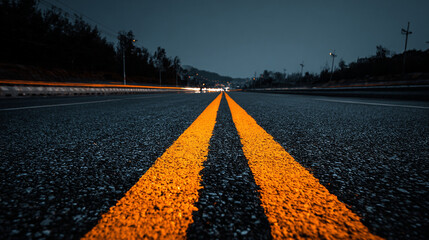 Dark grey asphalt road with bright yellow separation lines stretches into the distance. The scene evokes travel, highways, transportation, urban planning, infrastructure, and realistic road textures f