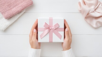 Two hands gently cradle a charming gift box adorned with a delicate pink ribbon. Soft fabric fills the background, adding a cozy atmosphere to this heartwarming moment