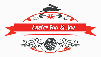 Whimsical easter celebration graphic featuring a jumping bunny decorative banner with text easter fun joy a patterned easter egg and floral elements on a white background