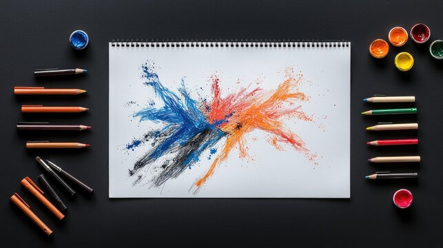 A top-down view of a sketchbook with an abstract art explosion in blue, orange, and black, surrounded by art supplies like paint, pencils, and pens on a black s - Powered by Adobe