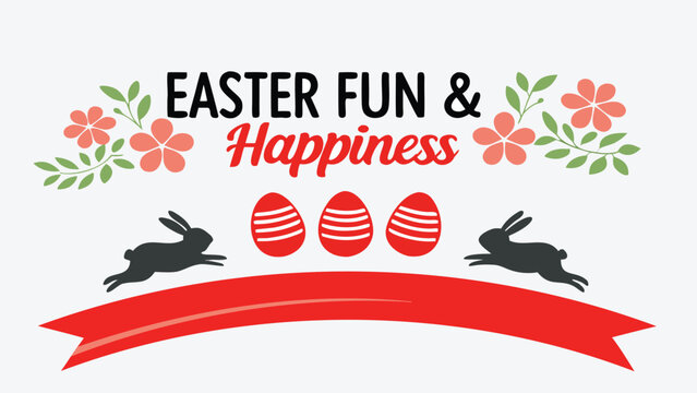 Easter fun and happiness with bunnies decorated eggs flowers and a red ribbon banner on a white background festive spring holiday greeting