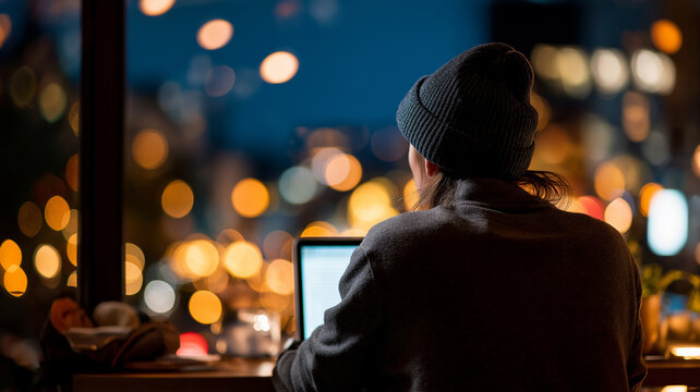 Digital nomad working on laptop, back to camera, in cozy cafe with cityscape view at night. warm bokeh lights create vibrant atmosphere, enhancing focus on productivity and creativity