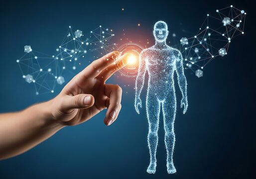 Hand touching digital human body with network on dark blue background