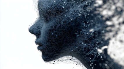 This features stylized, abstract representation of human head, composed of intricate lines and dots, creating sense of depth and complexity. design evokes feeling of connection and technology