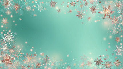 Christmas background in a cool mint-green to pastel teal gradient, rose-gold snowflakes and delicate ornaments framing the corners, soft glowing fairy-light effect, clean blank center for overlay text