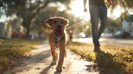 Sunny evening walk with a happy dog along the neighborhood sidewalk
