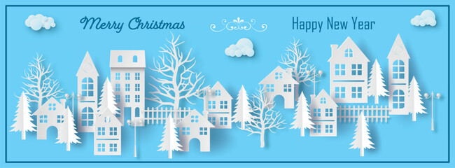 Merry Christmas and Happy New Year greeting card banner. Paper cut style snowy town with white houses and pine trees on a bright light blue background. Great for web design and prints.