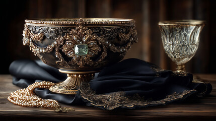 Exquisite ornate antique bowl adorned with sparkling gems and pearls rests beside a vintage goblet and black silk on a rustic wooden table