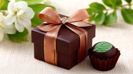 Elegant chocolate gift box tied with shimmering ribbon and a single gourmet chocolate truffle adorned with a delicate leaf design, perfect for celebrations.