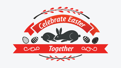 Celebrate easter together with cute bunnies and decorated eggs emblem featuring red ribbon and spring branches