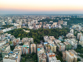 Fototapeta premium Aerial View Cityscape of Chattogram or Chittagong City, Bangladesh. Corporate Office, Building, Residential Buildings, Skyscraper Shot of Chittagong City During Day time