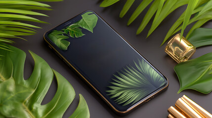 Luxurious smartphone display framed by vibrant tropical leaves and gleaming gold accents, perfect for modern tech and lifestyle branding.
