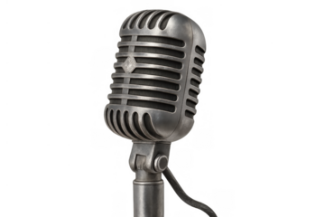 Vintage metal microphone rendering showing a classic retro design for sound, radio, broadcasting, music, and voice. Transparent background