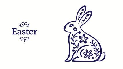 Elegant navy blue easter bunny silhouette adorned with floral patterns sits beside the word easter in a decorative font on a clean white background