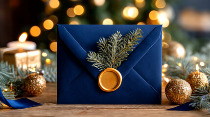 Elegant dark blue envelope with gold wax seal and festive pine sprigs, perfect for holiday invitations and special occasion correspondence.