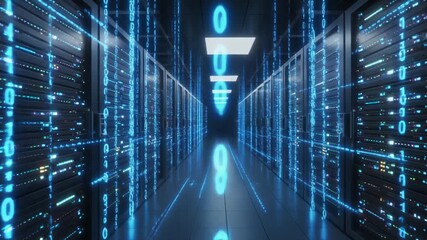 “Futuristic server room with glowing binary code and blue-lit corridor” - Powered by Adobe